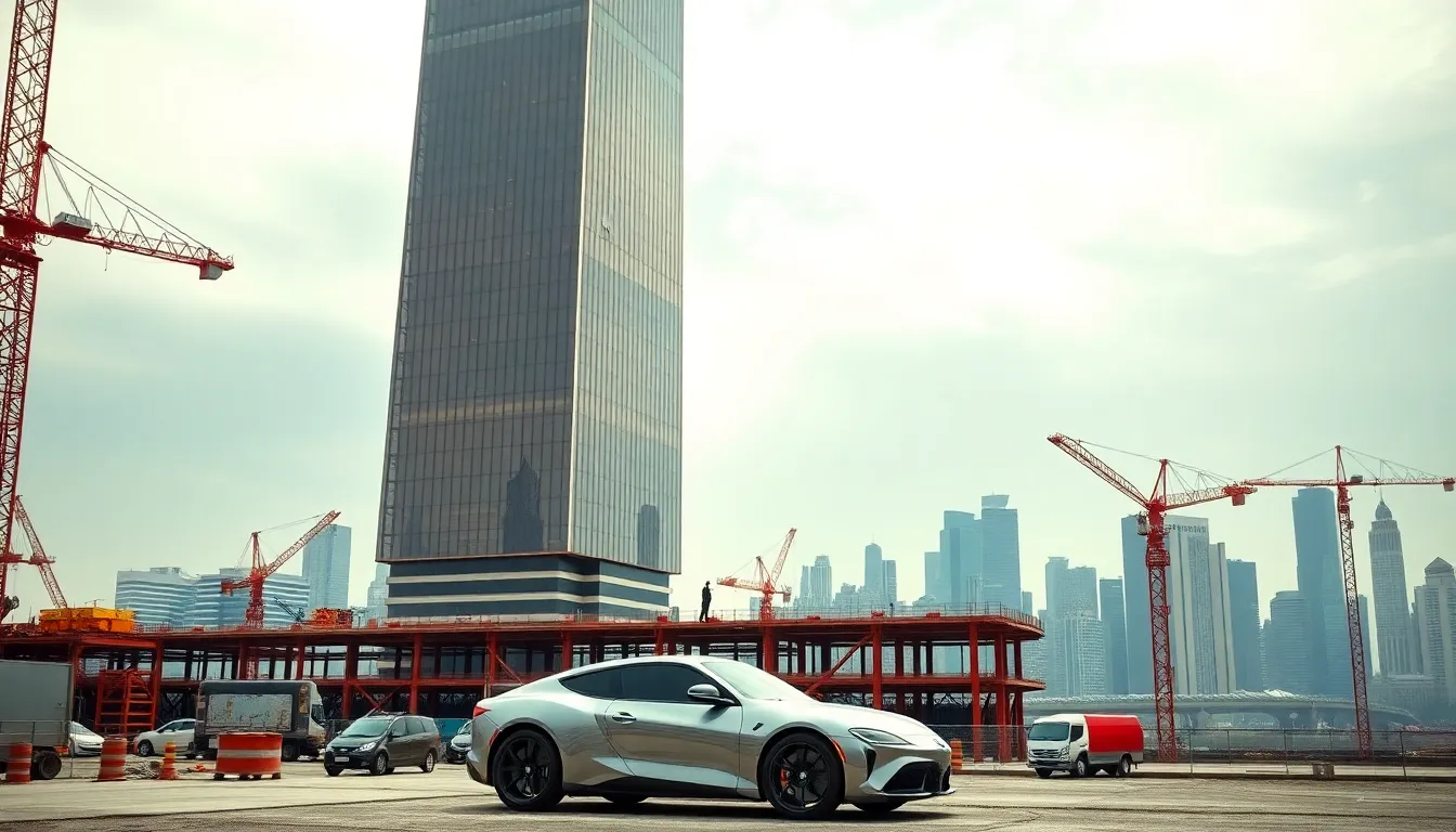 A luxury carmaker's representative stands in front of a construction site for a towering skyscraper, showcasing architectural plans and discussing the project's vision with a group of interested onlookers.