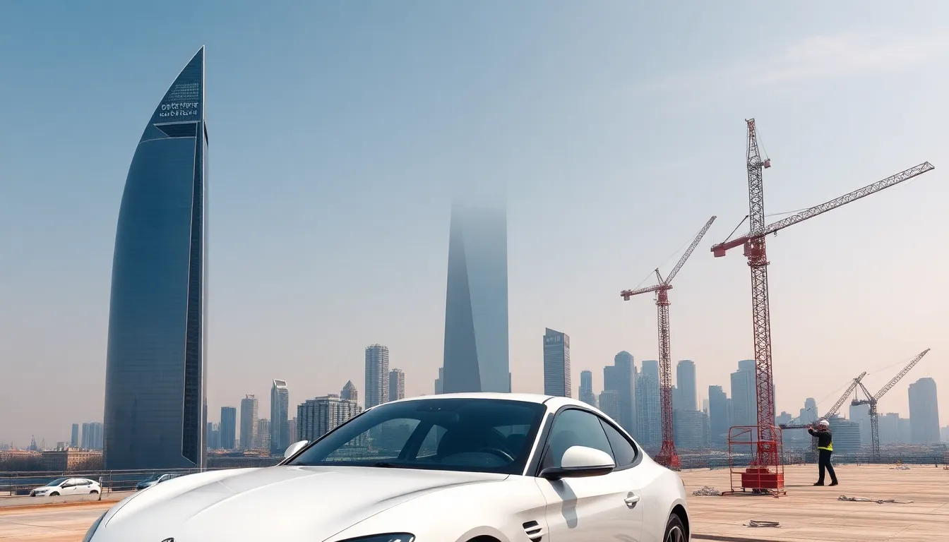 An aerial view of a bustling urban center where luxury carmakers are investing in highprofile skyscrapers, highlighting the transformation of the skyline and the integration of lifestyle branding