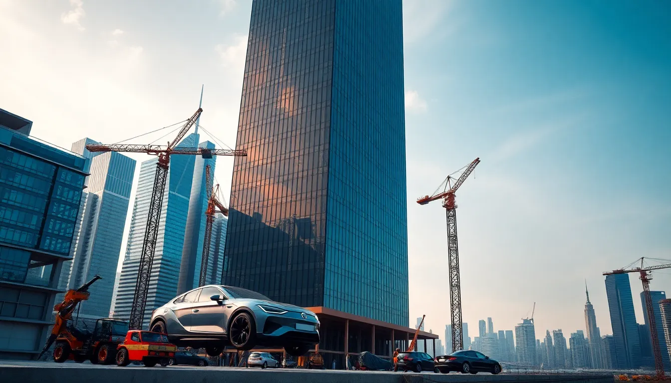 A vibrant streetscape filled with luxury showrooms and upscale retail spaces surrounding a newly constructed skyscraper, illustrating the economic activity and lifestyle experiences catered to affluent consumers