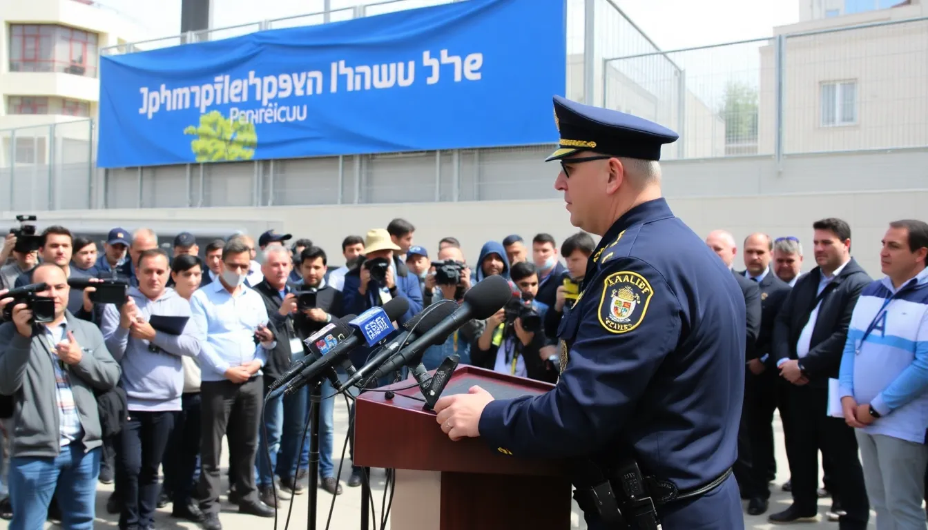 A group of Maccabi Tel Aviv fans gather outside a stadium, holding banners and chanting in protest against the police chief's ban on their attendance at matches.