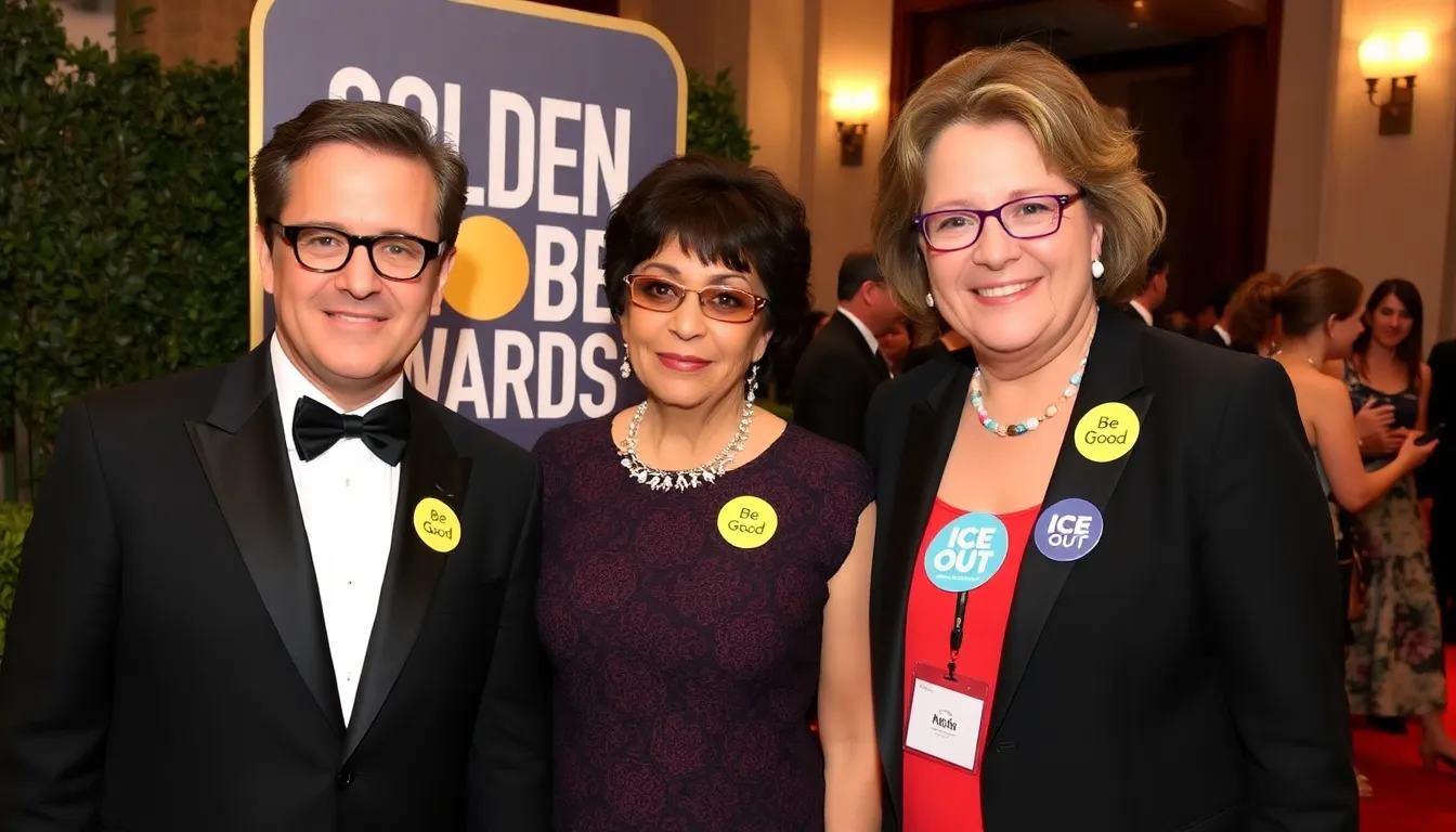 Mark Ruffalo, Jean Smart, and Wanda Sykes stand together at the Golden Globes, wearing pins that advocate for immigration reform and honor the memory of Renée Macklin Good.