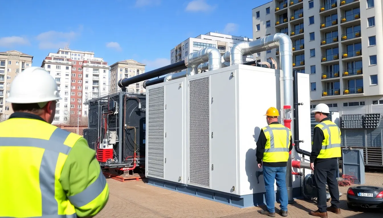 workers installing a large heat pump system at a construction site in Sweden, surrounded by machinery and building materials, as part of a project aimed at providing sustainable heating for thousands of homes.