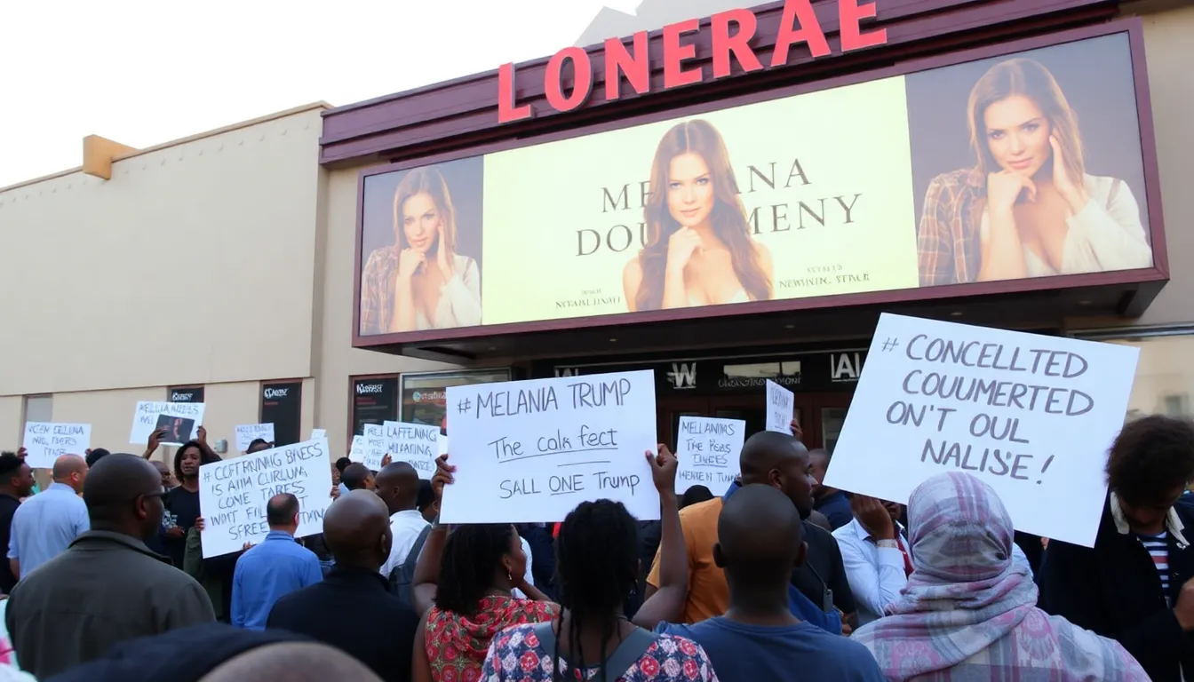A crowd of moviegoers stands outside a South African cinema, discussing the absence of the Melania Trump documentary from their local screens.