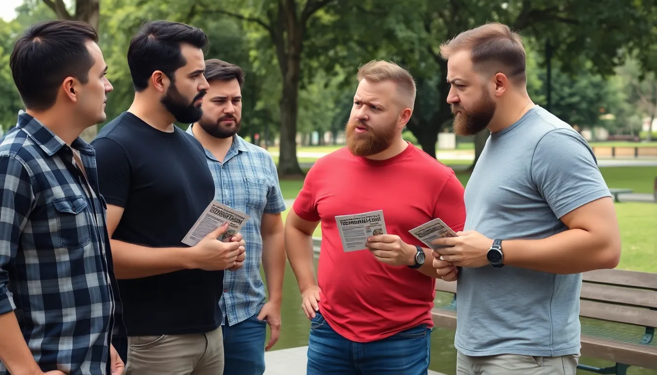 A group of men sits in a circle at a community center, engaged in a discussion about testosterone levels and health, with pamphlets and notes spread out in front of them.