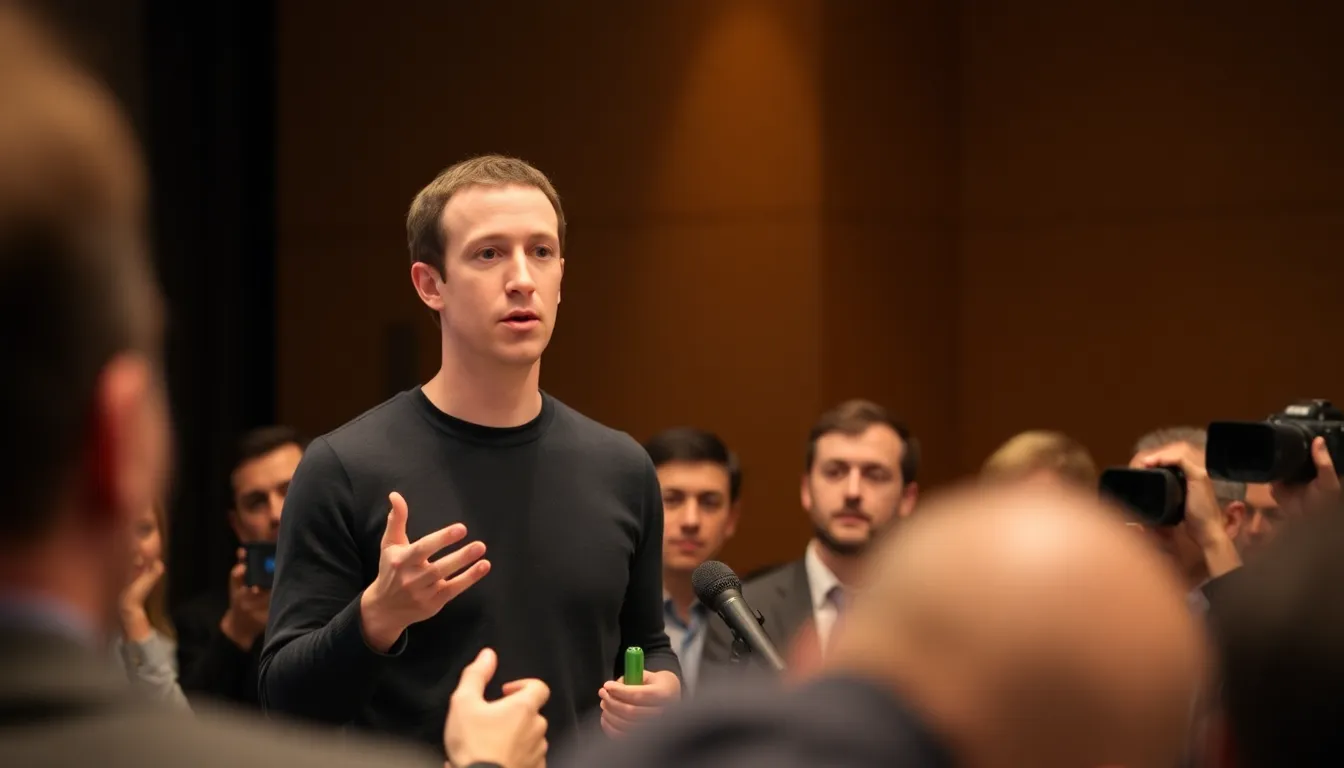 A bustling tech hub filled with professionals engaged in discussions about advancements in artificial intelligence and virtual reality, reflecting the competitive landscape influenced by Meta's investments