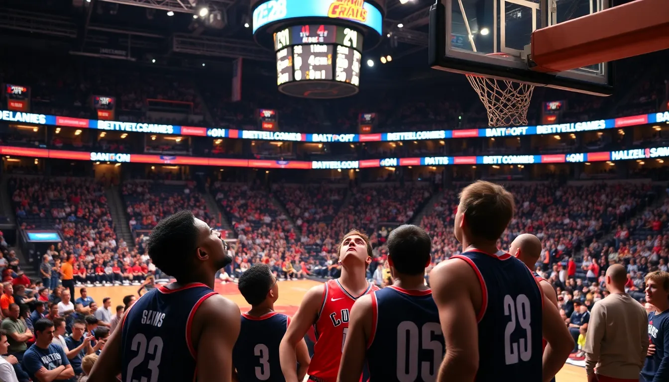 A basketball player leaps into the air, executing a creative slam dunk during the Million Dollar One Point Slam Challenge, while a cheering crowd watches from the sidelines.