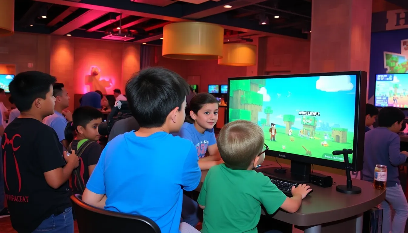 Players from both Minecraft and Hytale enthusiastically gather around their screens, engaging in a shared gaming experience facilitated by a new crossplay mod that connects the two worlds.