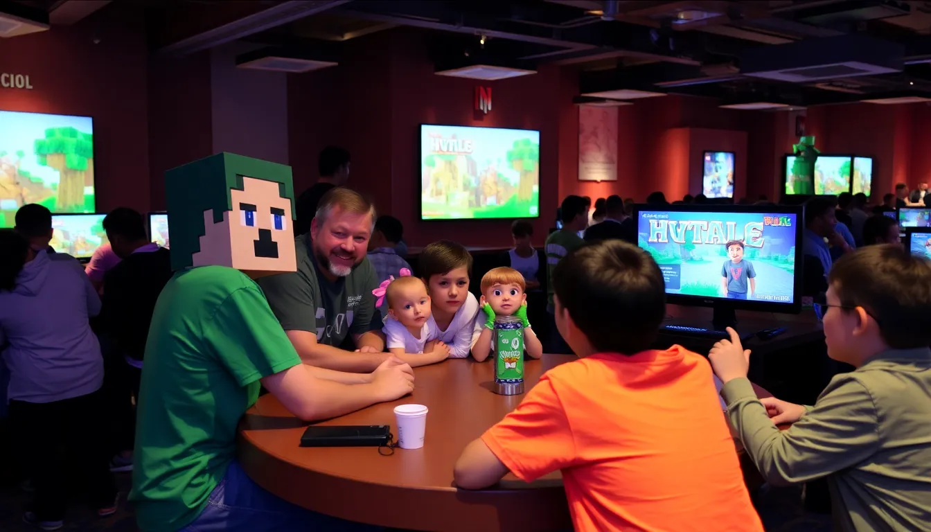 Enthusiastic gamers from Minecraft and Hytale engaging in a lively combat scenario, illustrating the seamless integration of gameplay between the two worlds