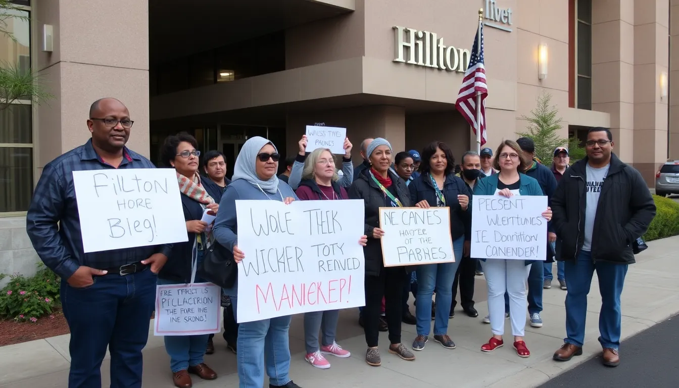 A Hilton hotel in Minnesota stands empty with a "No Vacancy" sign as local activists gather outside, holding signs in protest against the cancellation of reservations for ICE agents.