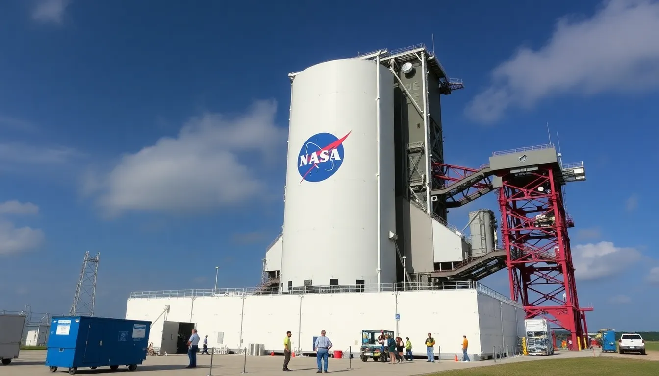 NASA's Space Launch System rocket stands tall on the launch pad at Kennedy Space Center, surrounded by engineers and equipment as preparations for the Artemis II mission intensify.