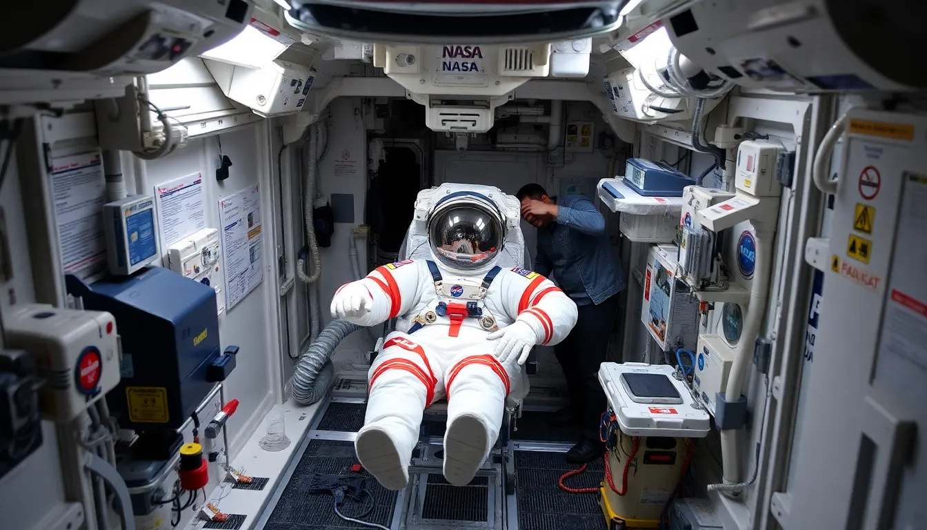 NASA의 의학 팀이 우주정거장에서 긴급 상황을 평가하고 있는 장면이다
