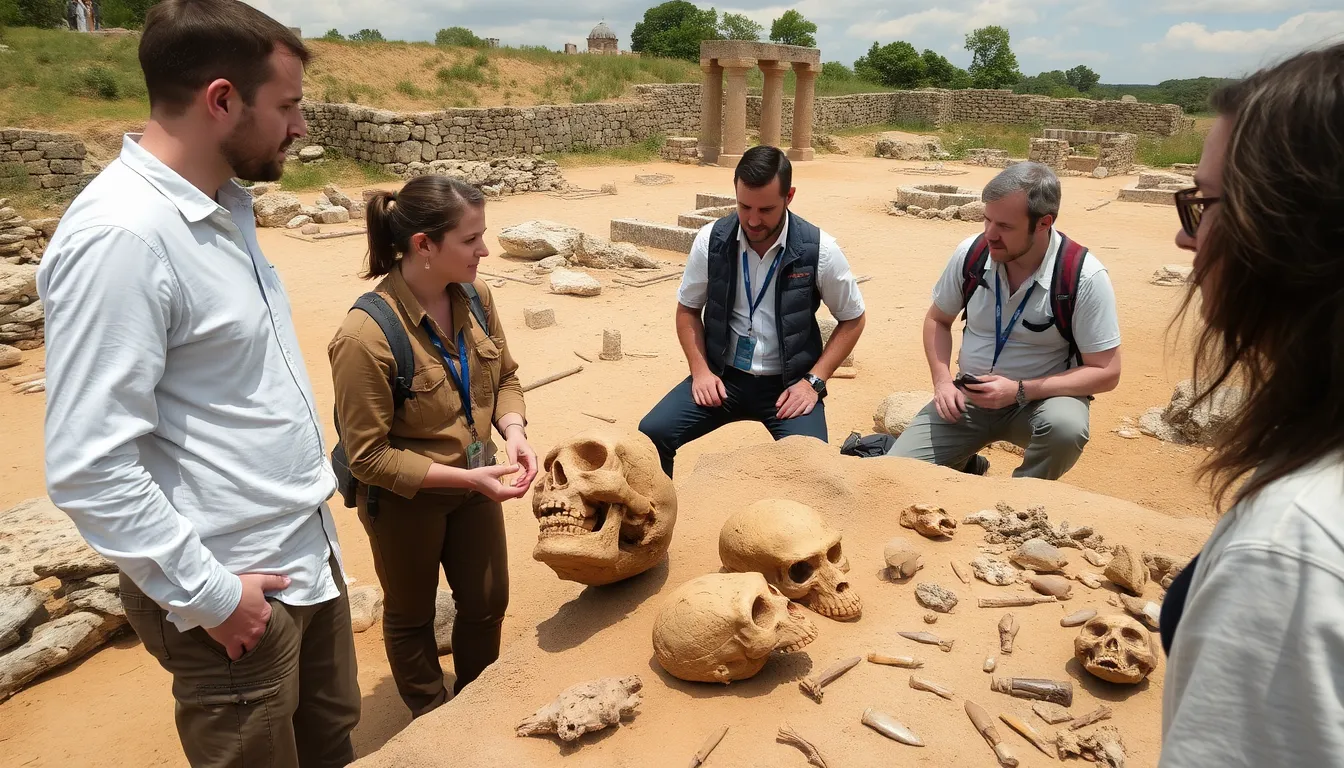 Archaeologists engaging with local communities at a Neanderthal excavation site, highlighting the importance of balancing scientific research with cultural heritage preservation