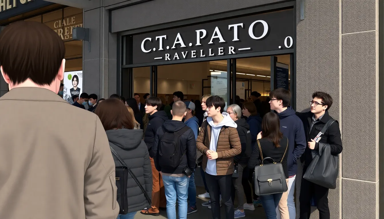 A group of enthusiastic gamers gathers at a gaming convention, celebrating the Octopath Traveler series' achievement of over 6 million sales with banners and merchandise.