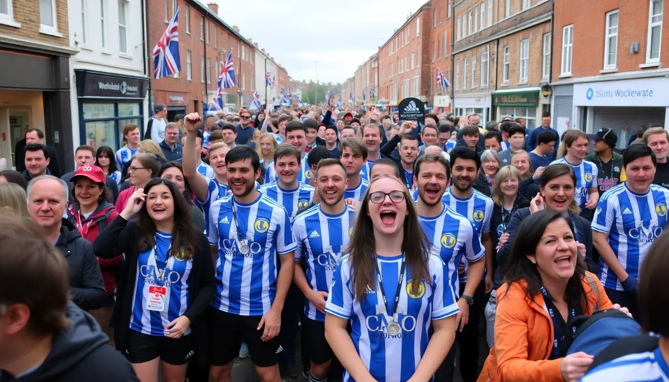 Snow covers the streets of Macclesfield as local football fans gather outside shops selling new merchandise in support of the town's team ahead of their FA Cup match.
