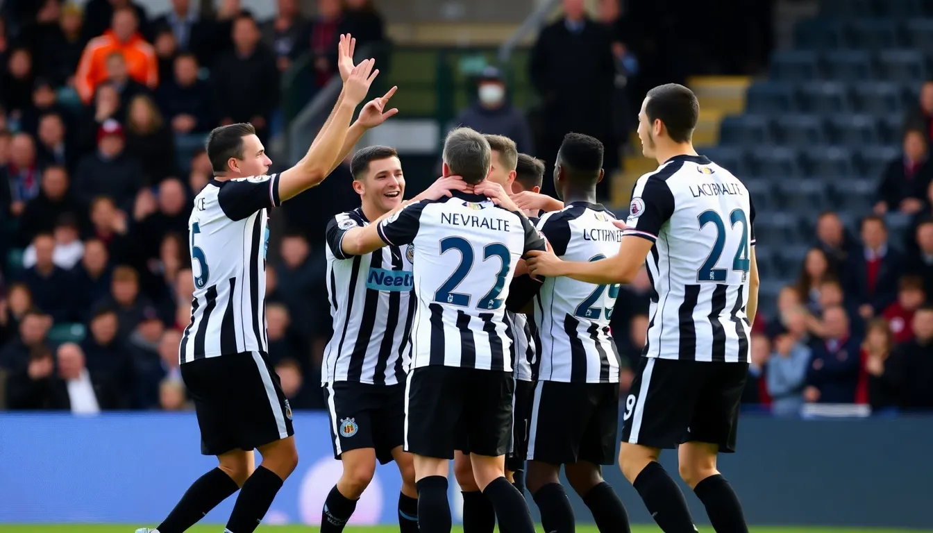 Newcastle United players celebrate after scoring a goal during their 30 victory over Crystal Palace at St James' Park.