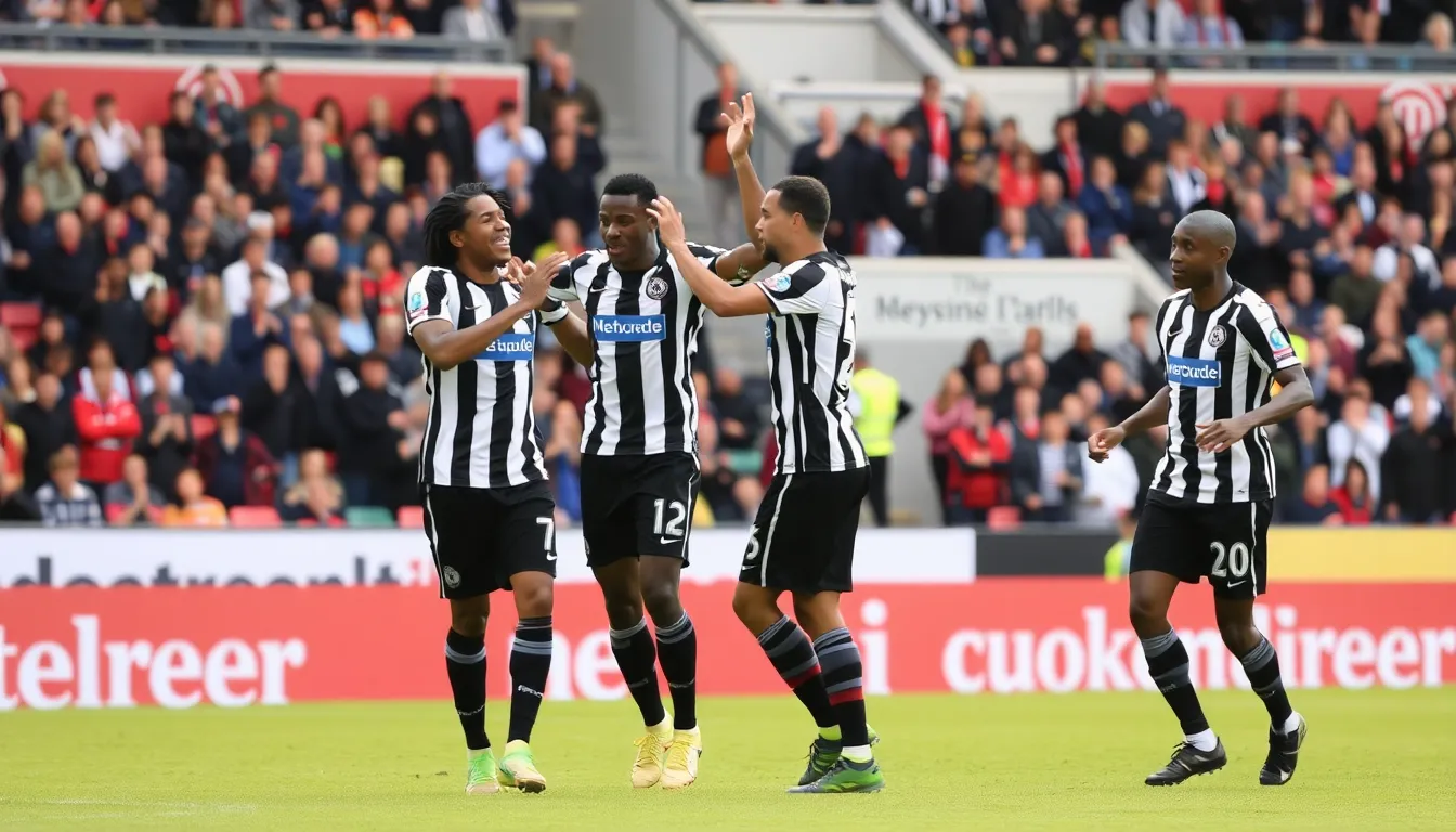 Callum Wilson and Bruno Guimarães share a moment of triumph as they contribute to Newcastle's commanding victory with their goals
