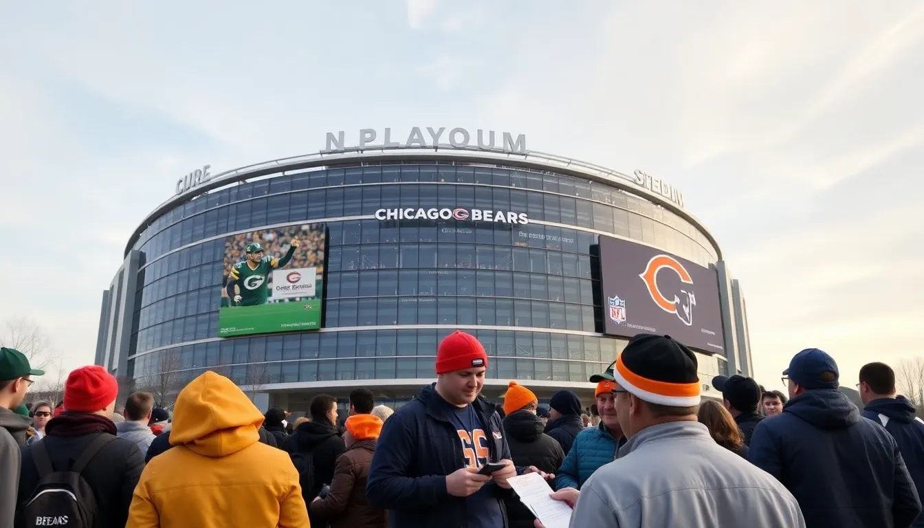 Fans gather at a sports bar, eagerly watching the Packers vs Bears playoff game while discussing various betting promotions on their mobile devices.