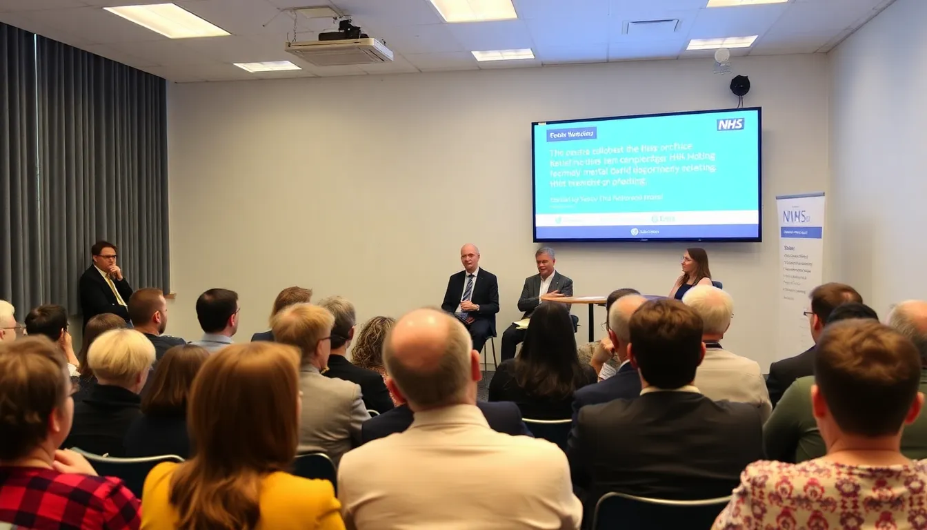 A group of healthcare professionals and advocates gather at a conference table, discussing the potential integration of psilocybin therapy into NHS mental health services amid rising concerns over mental health issues in the UK.