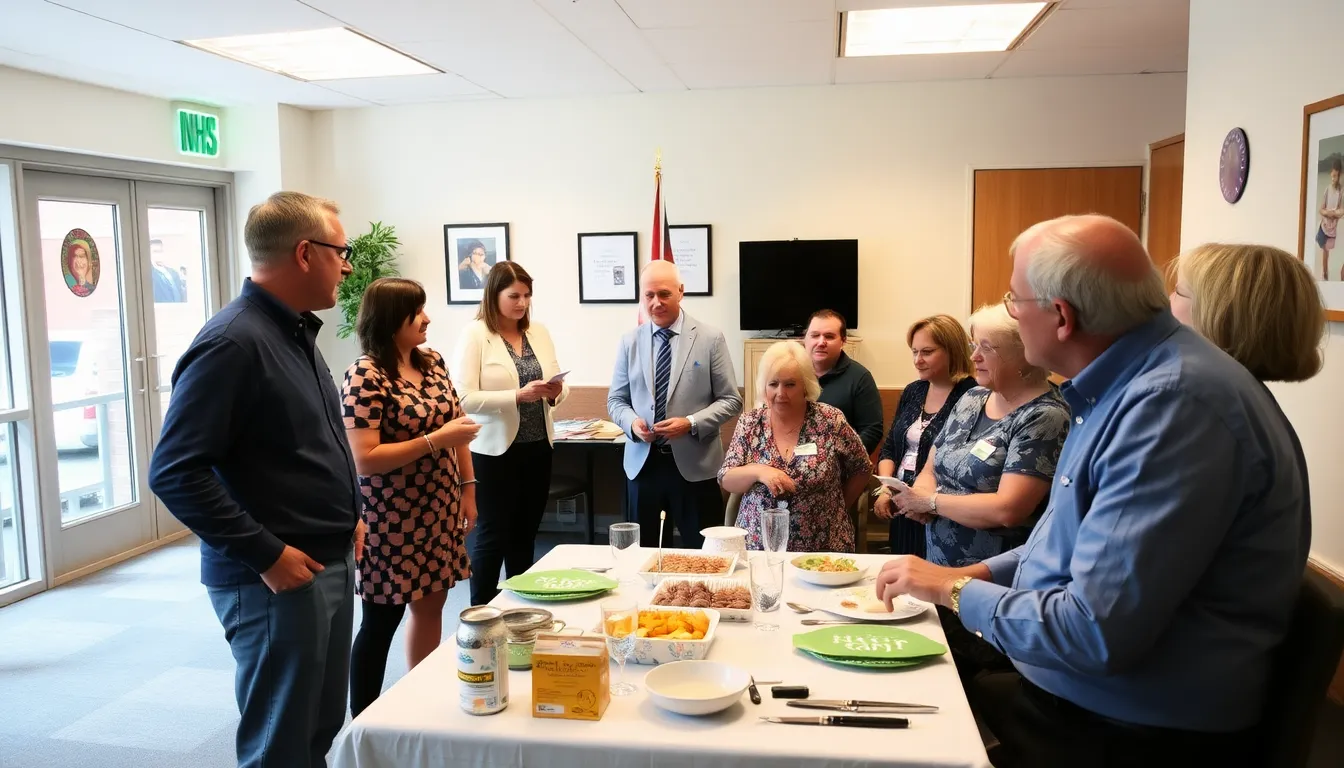 A group of NHS executives gathers at a farewell party, with decorations and a cake prominently displayed, amid growing controversy over the use of charity funds for the event.