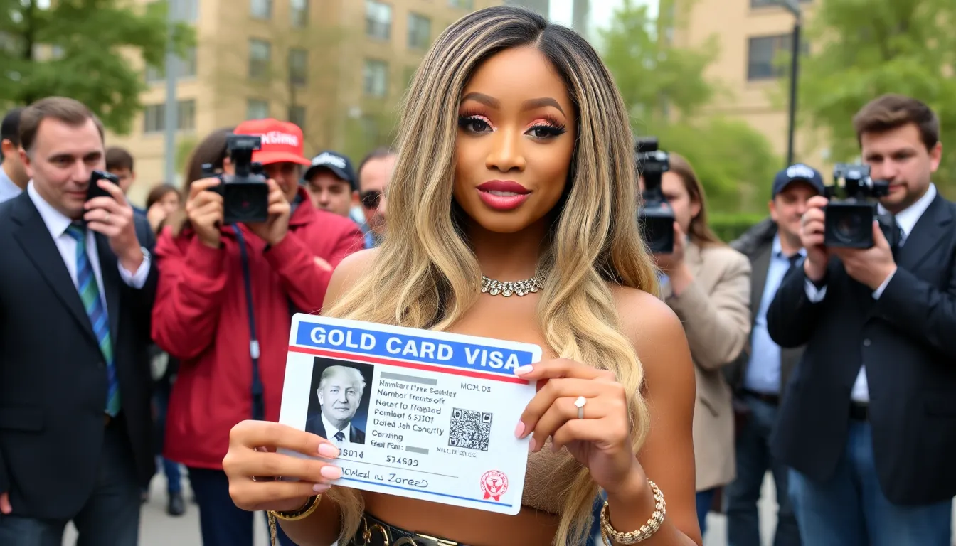 Nicki Minaj holds up her gold Visa card while expressing her support for Donald Trump during a social media interaction.