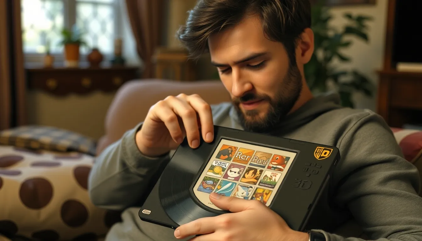 A fan showcases a collection of freshly pressed vinyl records featuring iconic Nintendo soundtracks at a local music event, drawing attention from fellow enthusiasts.