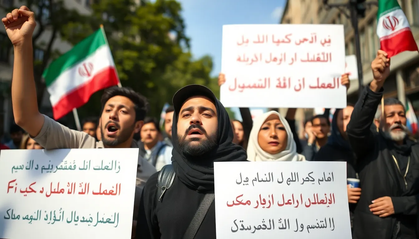 Protesters gather in Tehran, holding banners and chanting slogans demanding regime change amid a backdrop of heightened public discontent and calls for unity among opposition groups.