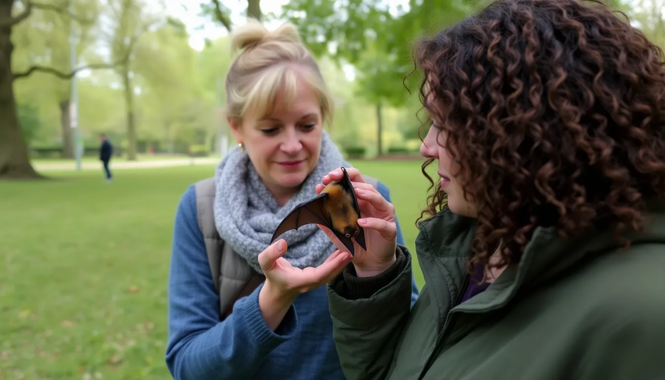A woman stands in a lush green park in North London, holding a bat box while engaging with a group of children during a community workshop aimed at raising awareness about local bat populations.