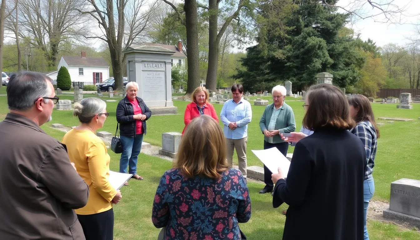 Community members gather at the Old Ball Family Burial Ground in Arlington, Virginia, discussing preservation efforts and concerns about the site's deteriorating condition.