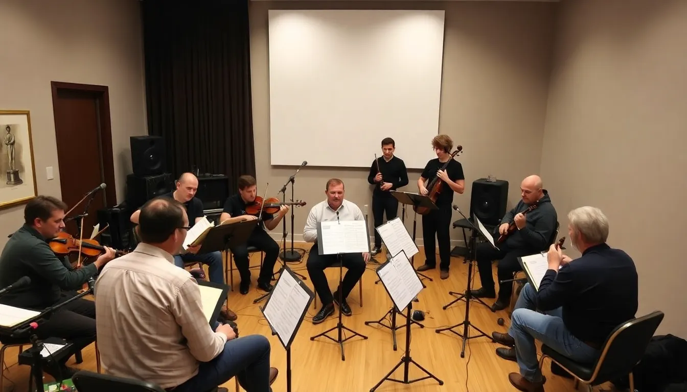 A group of filmmakers and composers engage in a lively discussion about the emotional impact of music on audience perceptions, emphasizing the importance of early collaboration in film production