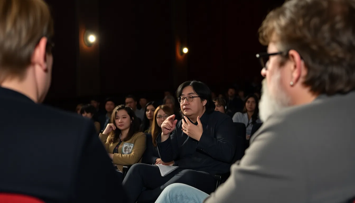 A crowd gathers outside a theater, eagerly discussing the latest horror film by Park Chanwook after its premiere at a film festival.