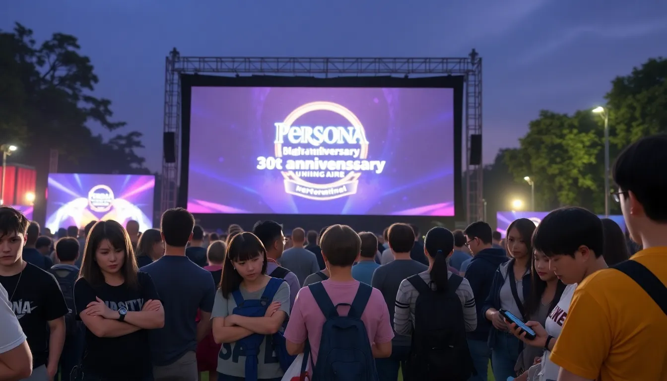 Fans gather at a gaming convention, displaying a mix of excitement and disappointment as they react to the lackluster announcement of the Persona franchise's 30th anniversary celebrations.