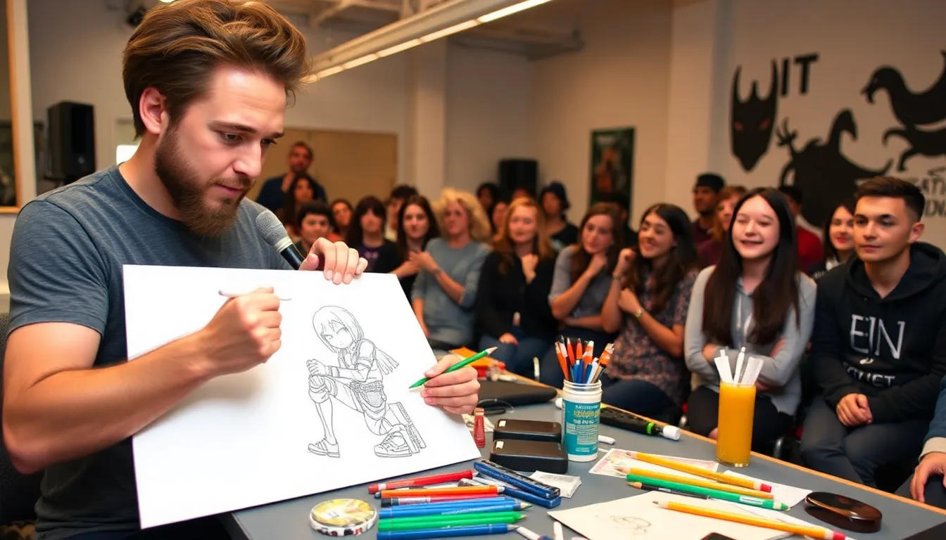 PewDiePie is seen focused on a drawing challenge, surrounded by sketches of characters from "Attack on Titan" as he collaborates with WIT Studio.