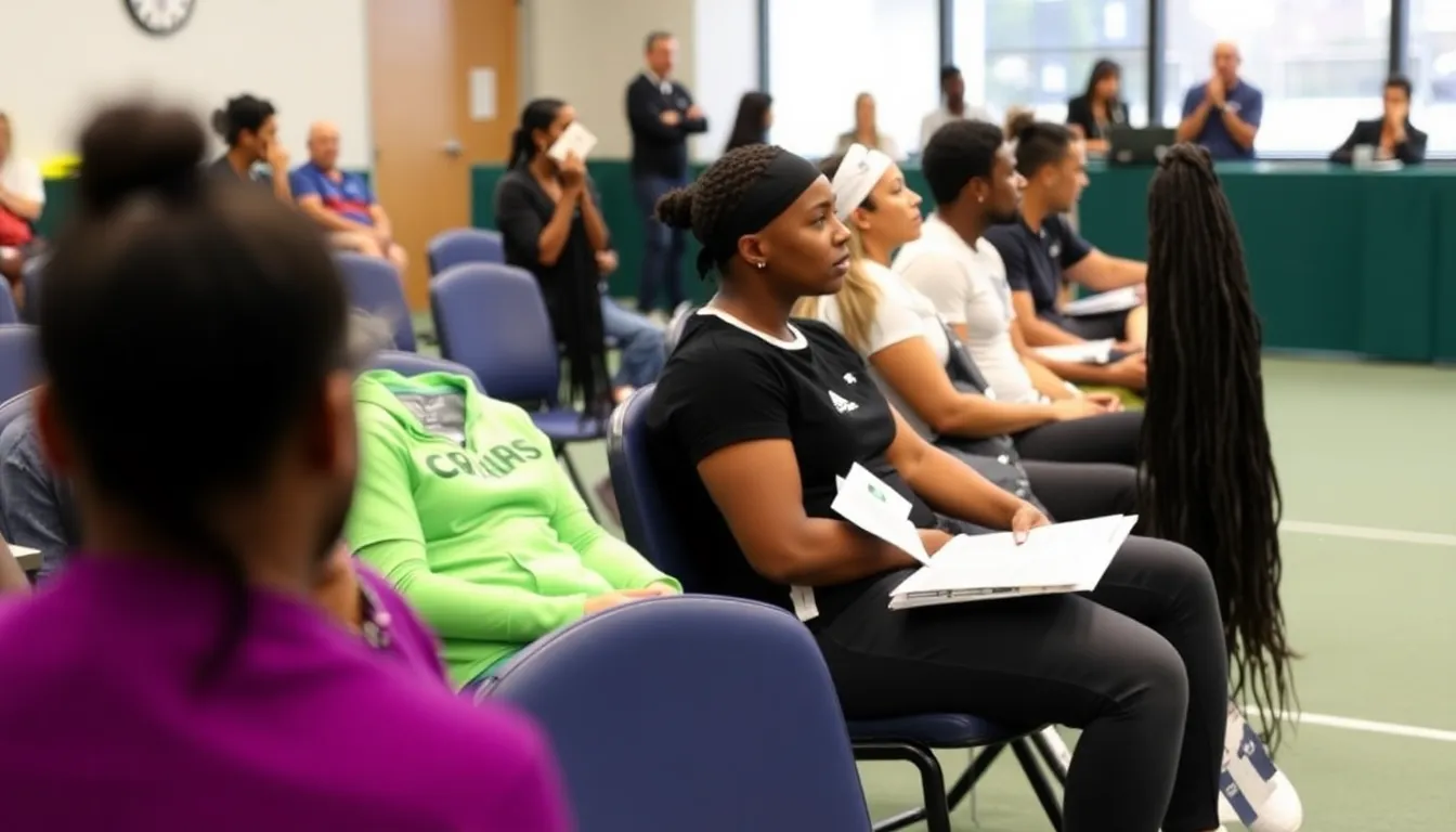 A group of tennis players gathers on the court during a tournament, discussing the importance of mental health and safety in the sport amidst growing concerns over player welfare.