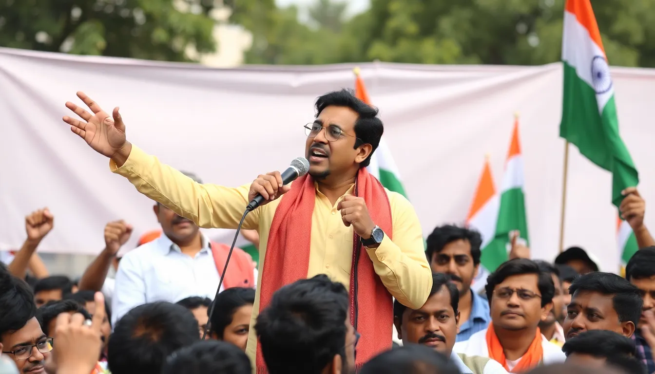 A wellknown Indian film star stands confidently at a podium during a press conference announcing their entry into politics, surrounded by enthusiastic supporters holding banners and flags.