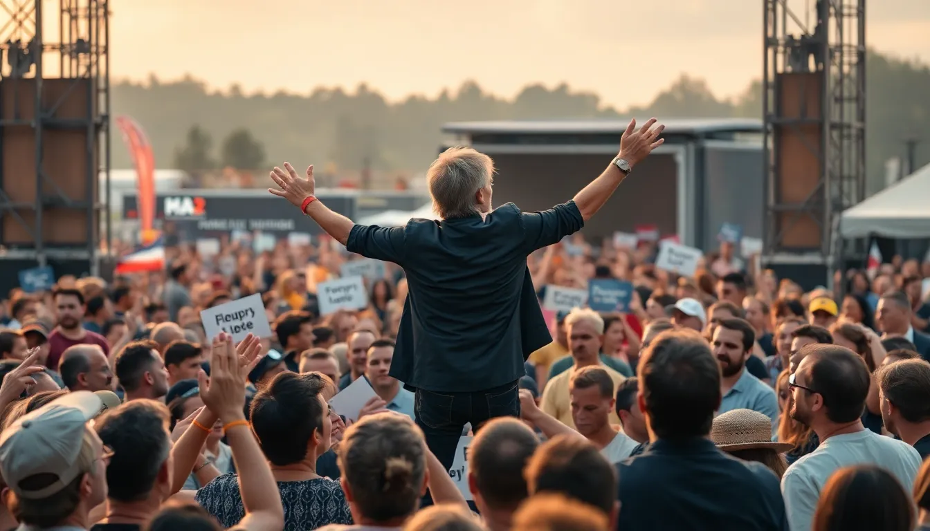 Billie Eilish and Senator Elizabeth Warren stand together at a press conference, advocating for climate change initiatives while surrounded by supporters holding signs.