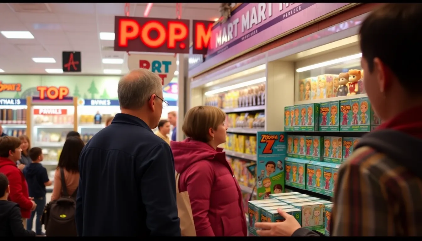 A display of colorful Zootopia 2 blind boxes is set up on a table, attracting the attention of excited fans and collectors in a bustling store environment.