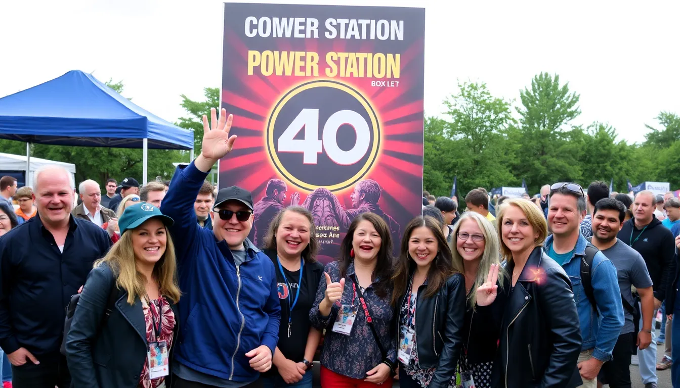 John Taylor performs on stage with Duran Duran, celebrating the 40th anniversary of The Power Station, as fans cheer and wave their hands in excitement.