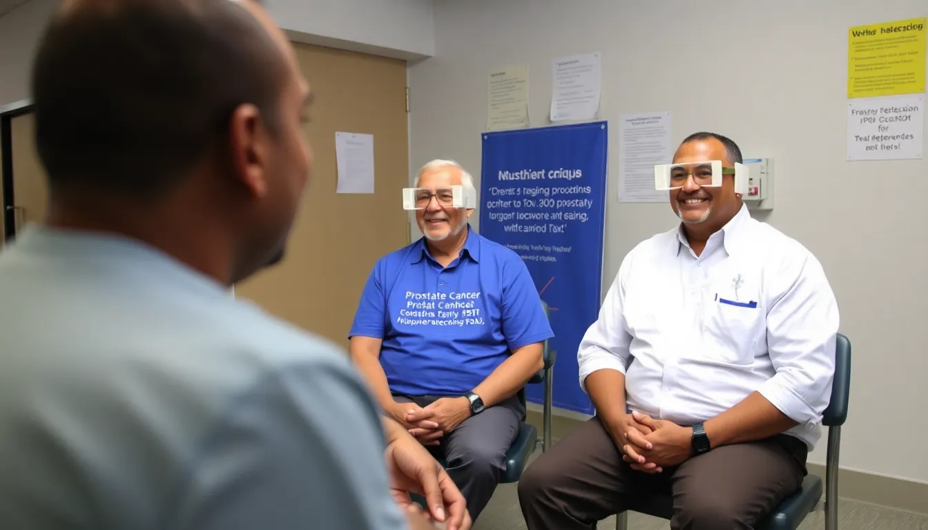 A group of men of various ages gathers at a community health fair, discussing prostate cancer screening and holding informational brochures while a healthcare professional answers their questions.