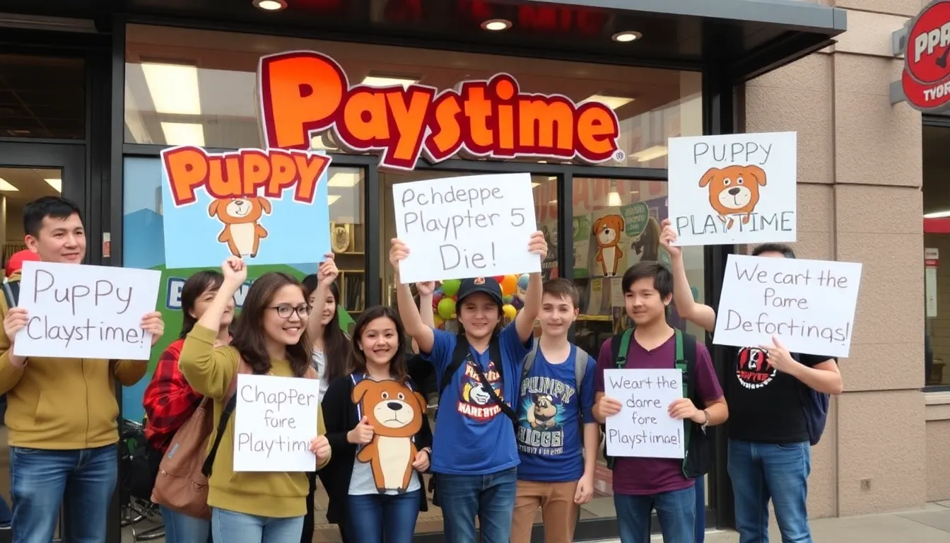A group of excited fans gathers around their computers, eagerly discussing theories and expectations for the upcoming release of Poppy Playtime Chapter 5, titled "Broken Things."