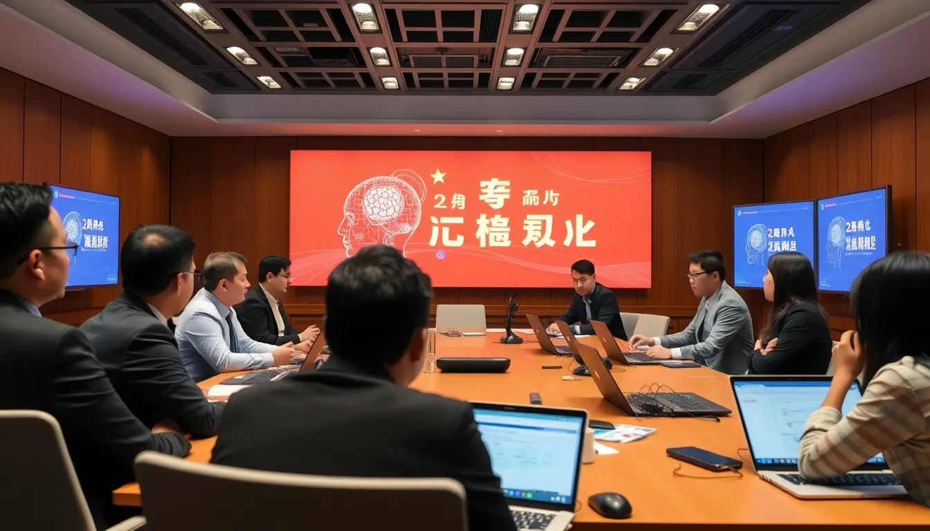 A group of engineers collaborates in a hightech lab, surrounded by screens displaying AI algorithms and data analytics, reflecting China's ambitious push to lead in artificial intelligence development.