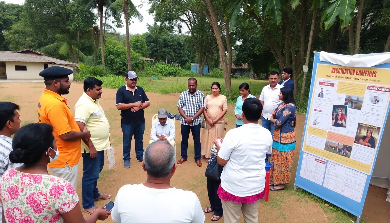 A group of community members gathers around a vaccination clinic for dogs, where local health officials distribute information about rabies prevention and the importance of pet vaccinations.