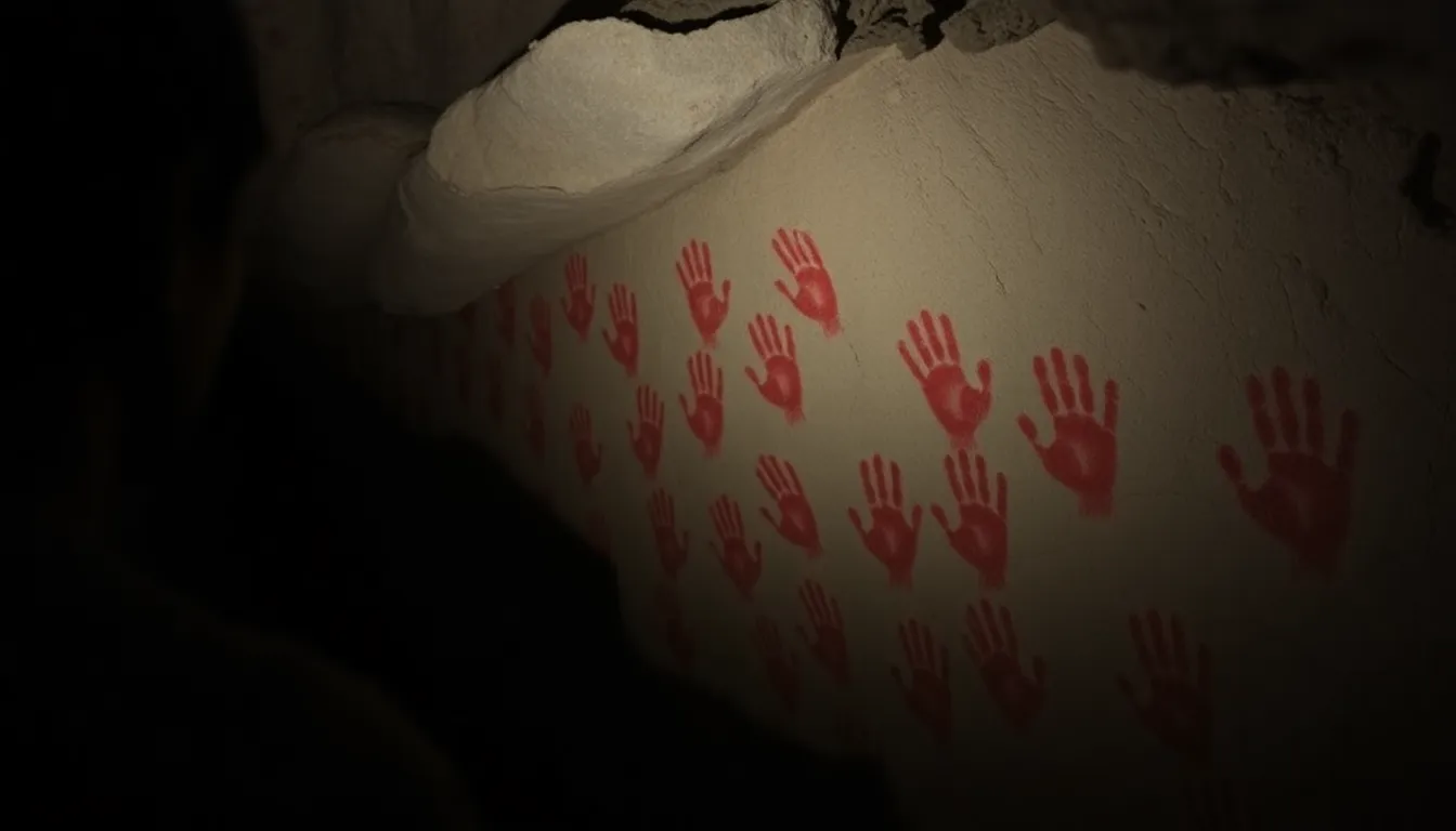 研究チームが古代の洞窟画を調査している様子が映し出された場面