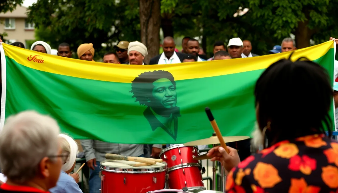 A crowd of fans and musicians gather to pay tribute to Sly Dunbar outside a music venue, holding candles and sharing memories of his influential contributions to reggae.