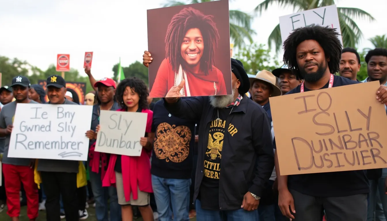 A crowd gathers outside a music venue, holding candles and flowers in tribute to Sly Dunbar, mourning the loss of the reggae legend.