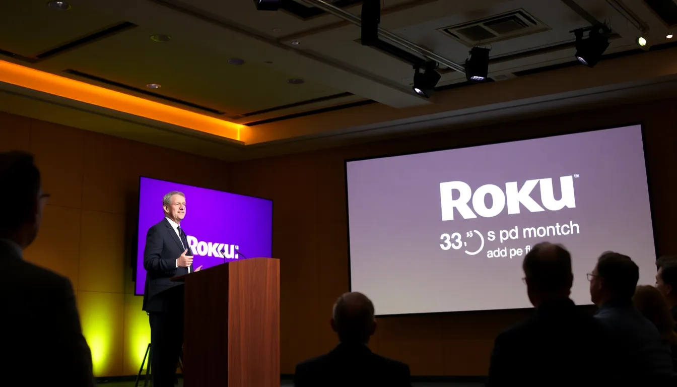 Roku's CEO speaks at a press conference, detailing the launch of a new  monthly adfree streaming service aimed at attracting budgetconscious viewers.