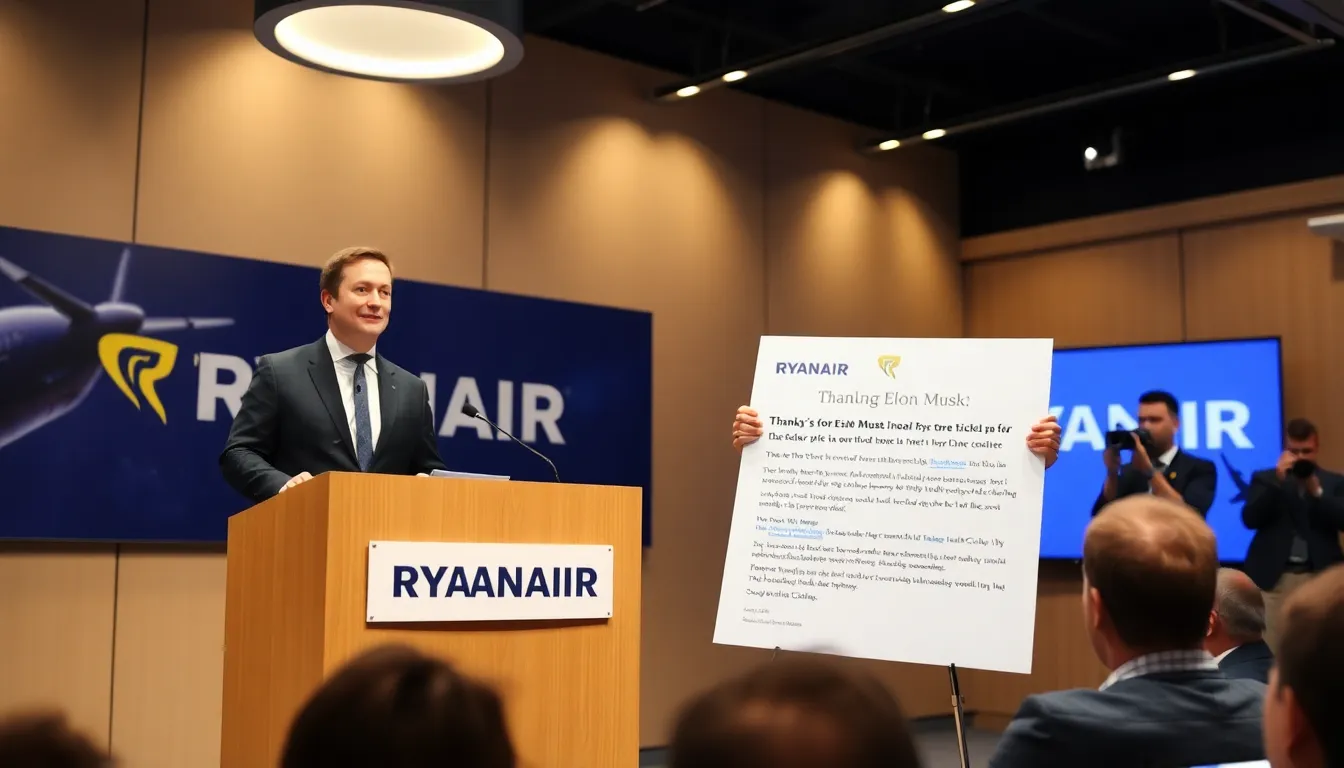 Ryanair's CEO Michael O'Leary stands at a podium, expressing gratitude during a press conference following a surge in ticket sales attributed to his recent online exchange with Elon Musk.