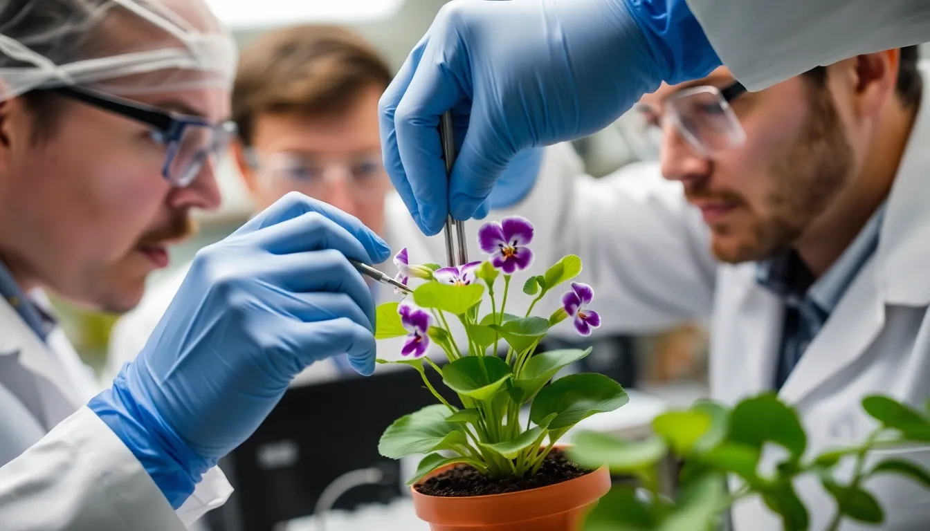 Researchers in lab coats carefully perform brain surgery on a monarch butterfly while observing its neural pathways to study migratory behavior.