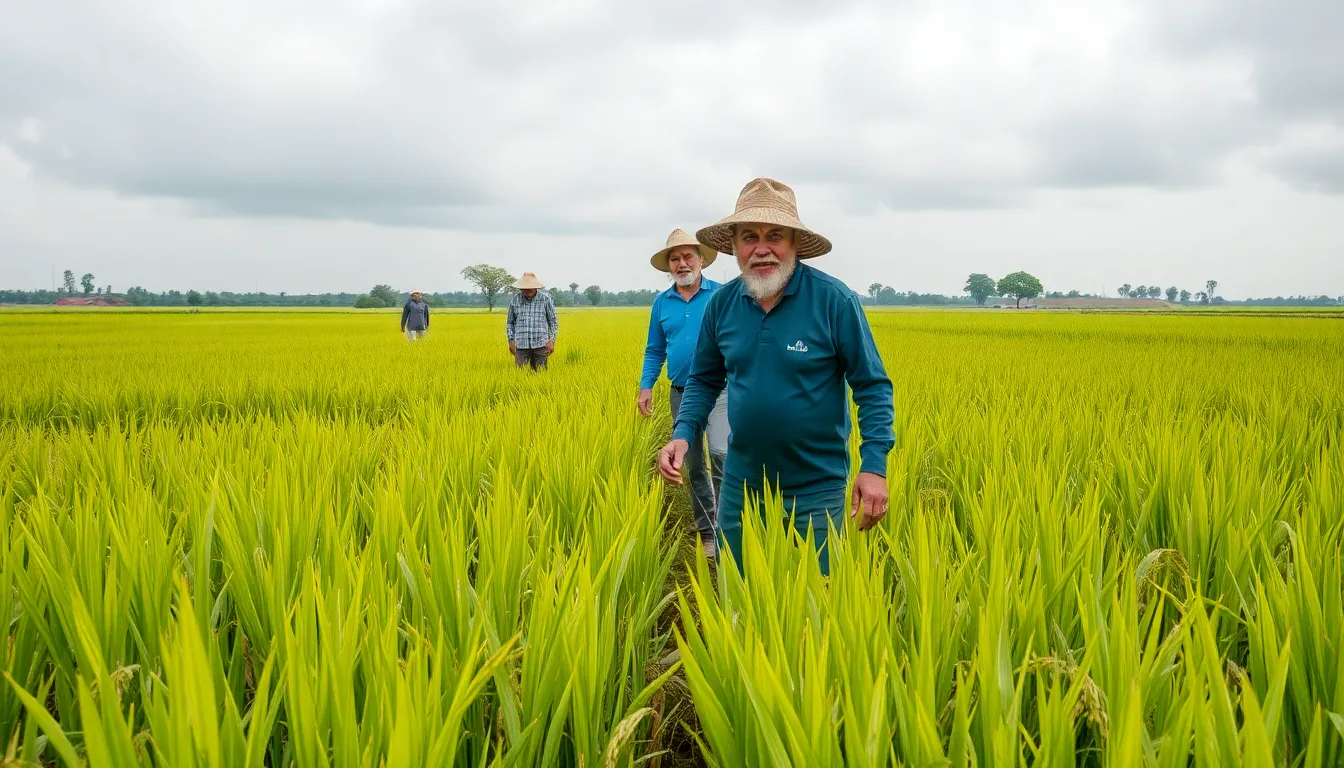 A rural landscape showing vast fields affected by unpredictable weather patterns, with wilting crops symbolizing the impact of climate change on agriculture