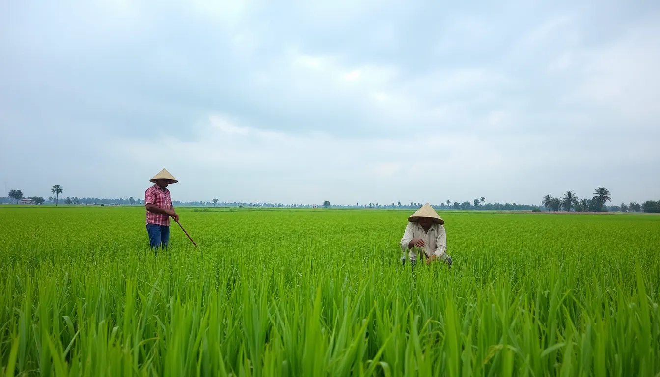 A group of young farmers discussing sustainable farming methods, highlighting the shift towards environmentally friendly practices amidst economic challenges