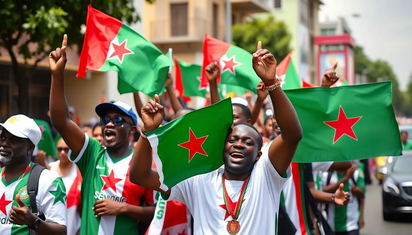 Jubilant Senegalese fans celebrate in the streets, waving national flags and singing after their team's historic victory in the Africa Cup of Nations final.
